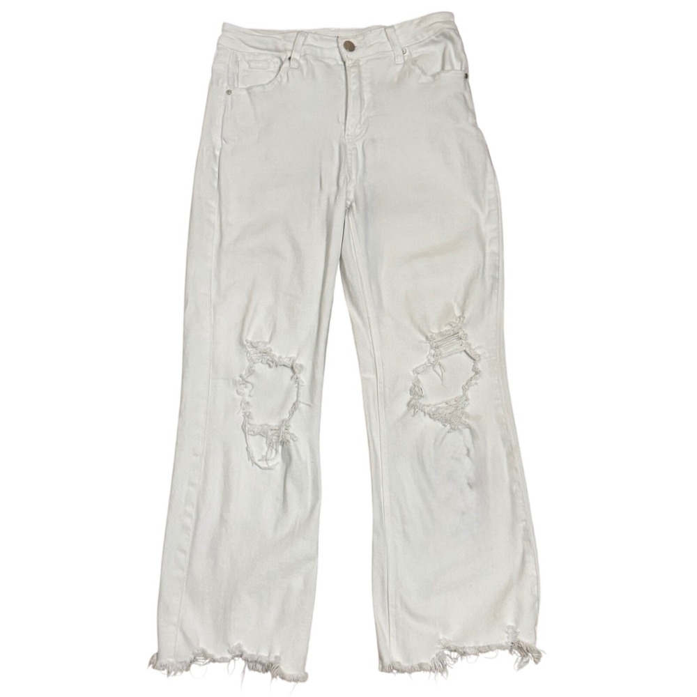 Risen Jeans Women's White Distressed stretch High‎ Rise Wide Leg Jeans 7/28
